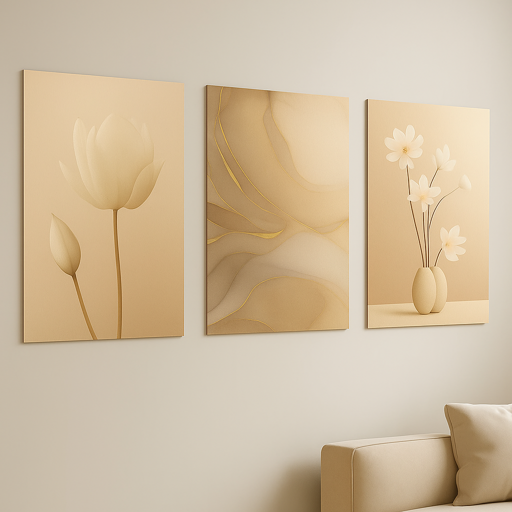 Kit 3 Quadros Decorativos Abstrato Flores Com Moldura