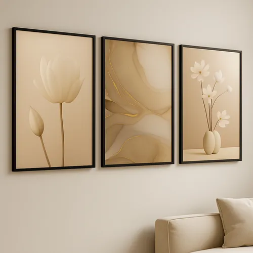 Kit 3 Quadros Decorativos Abstrato Flores Com Moldura